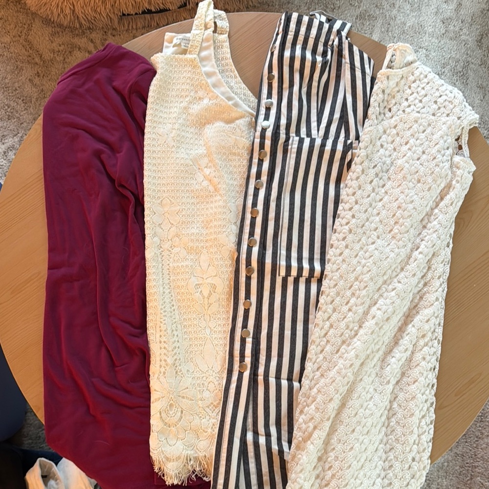 Assorted Dresses in Red, Cream, and Striped Patterns